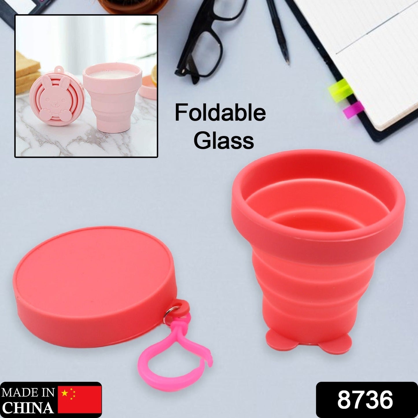 8736 Reusable Folding Silicone Tumbler / Glass / Cup, Folding Cups with Reusable Lid, Silicone Folding Cup with Clip Hook Folding Travel Cup Bag for Travel, Camping, Sports (1 Pc)