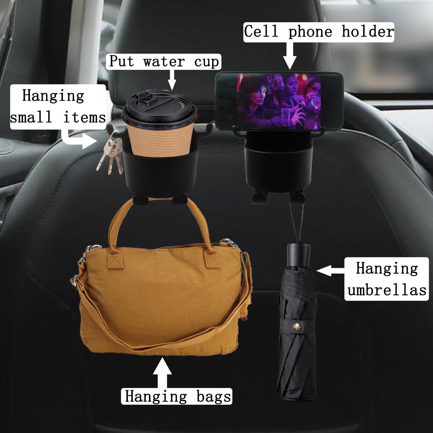 8548 Car Headrest Backseat Organizer, 3 in 1 Automotive Cell Phone Drink cupholder Adapter with Headrest Hooks for Kids and Adults, Multifunctional Storage for Car Travel Accessories