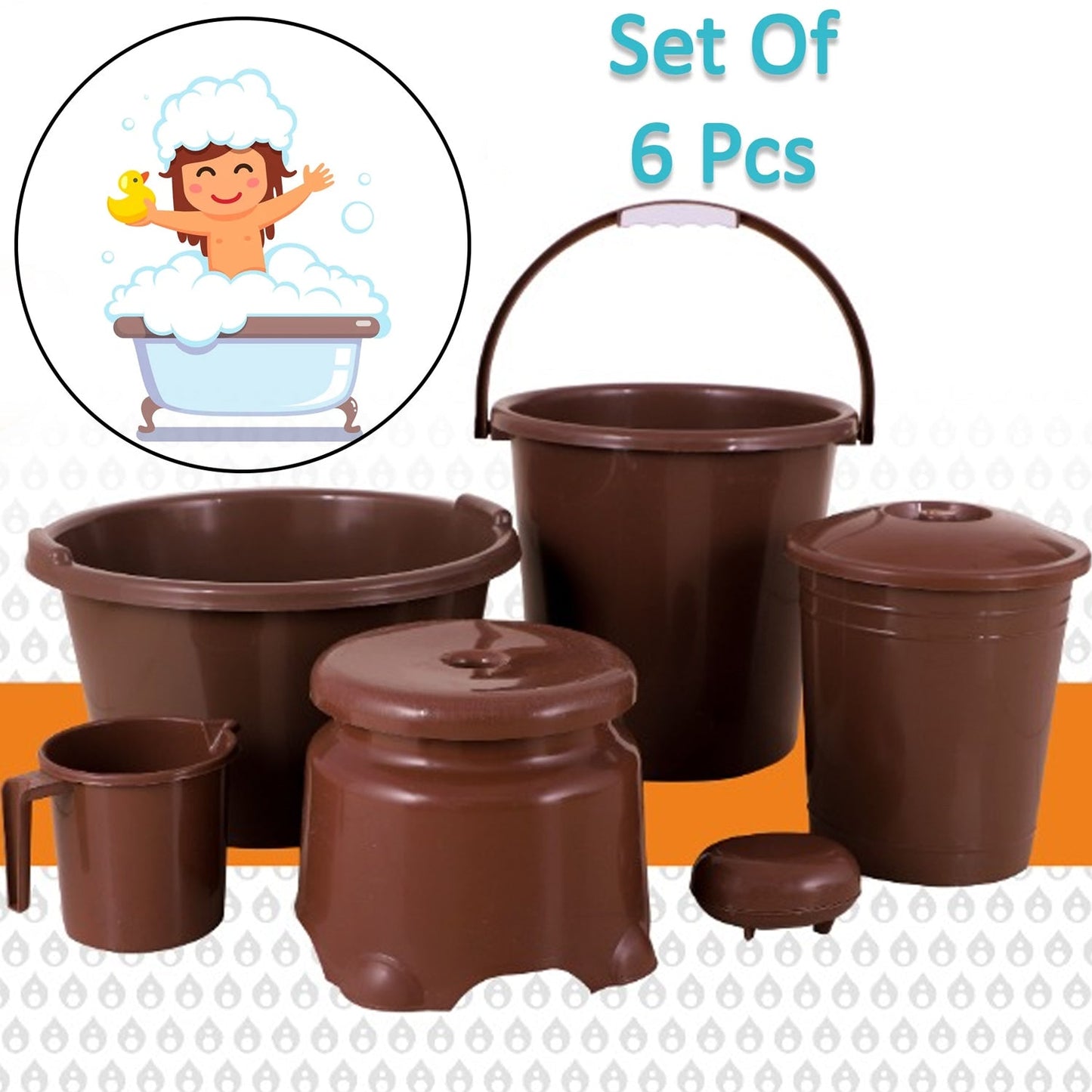 8728 Plastic Bathroom Accessories Set 6 pcs Bath Set Bathroom Bucket with Dustbin Mug, Stool, Soap Case,Tub ( 6 Pcs Set )