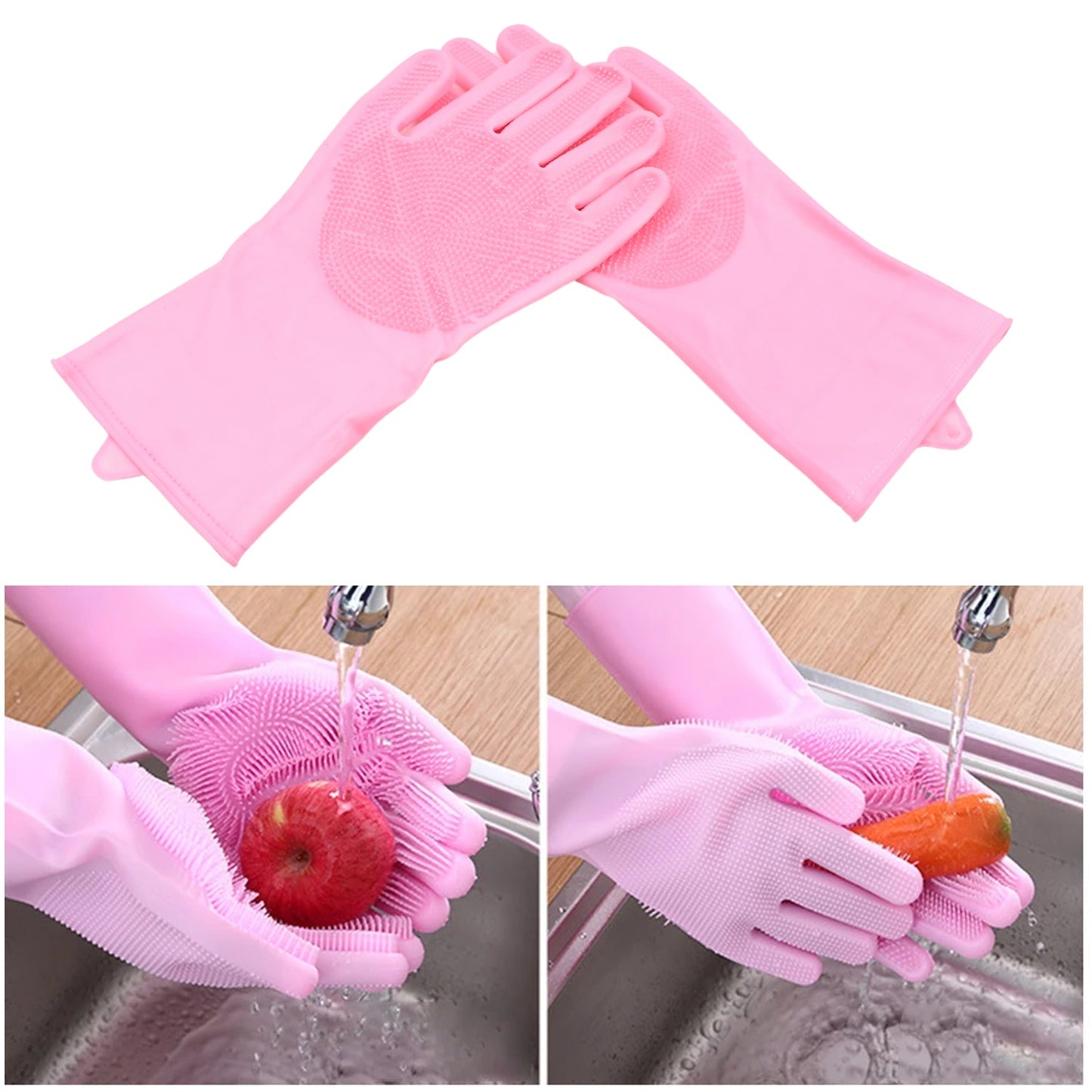 8740 Dishwashing Gloves with Scrubber| Silicone Cleaning Reusable Scrub Gloves for Wash Dish Kitchen| Bathroom| Pet Grooming Wet and Dry Glove (1 Pair, 155Gm)