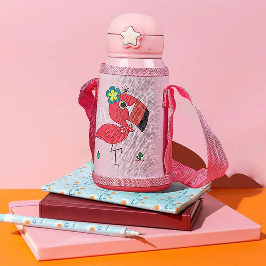 Love Baby Cute Animals Prints Kids Bottle Sipper for HOT N Cold Water, Milk, Juice with Bottle Cover, Cup, Zip Pocket & Straw to Keep Things Orange Green Pink Colors for Outdoor / Office / Gym / School (600 ML)