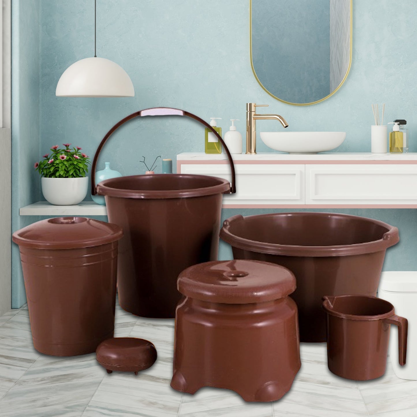 8728 Plastic Bathroom Accessories Set 6 pcs Bath Set Bathroom Bucket with Dustbin Mug, Stool, Soap Case,Tub ( 6 Pcs Set )