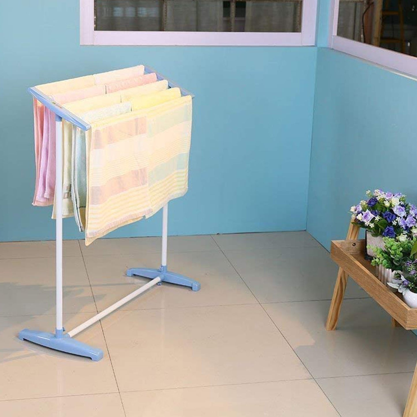 8724 Multi-Functional Single Tier Mobile Towel Foldable Rack for Cloth and Towel / Stainless Steel and Plastic Made Mobile Towel and Cloth Rack Holder Indoor / Outdoor Standing Movable Cloth Dryer Rack, Balcony Cloth Drying Stand