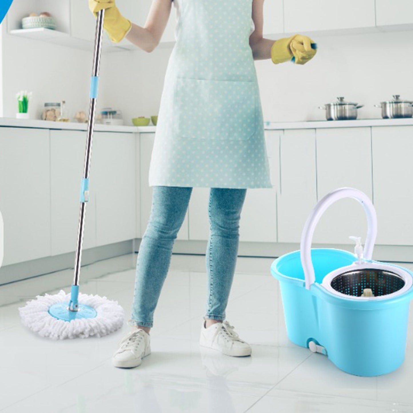 8704 Steel Spinner Bucket Mop 360 Degree Self Spin Wringing with 2 Absorbers for Home and Office Floor Cleaning Mops Set 