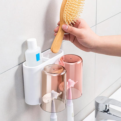 Wall Mount Toothbrush Holder with 3 & 2 Cups Automatic Toothpaste Holder Multi-Functional Kids Favorite Candy Toothbrush Holder Bathroom Accessories Organizer Rack