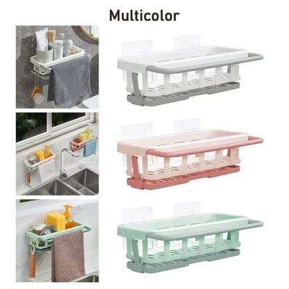 8788 Multipurpose Platic Hanging Drain Rack Retractable Sponge Storage Hanging Rack With Adhesive Hook for Kitchen and Bathroom Dishcloth Holders Basket Drying Tray Organizer