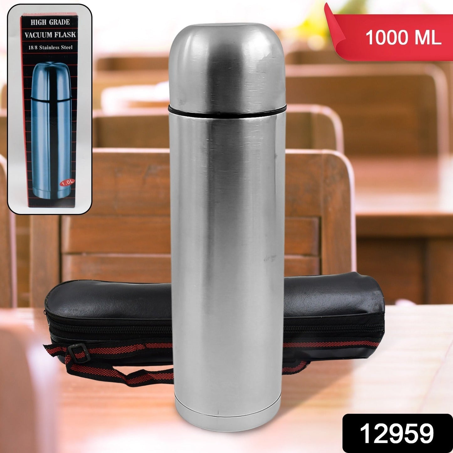 Vacuum Flask With Cover, 18/8 Stainless Steel | Hot and Cold Water Bottle with Push-Down Lid | Double Walled Stainless Steel Bottle for Travel, Home, Office, School, Picnic (1000 ML / With Cover)